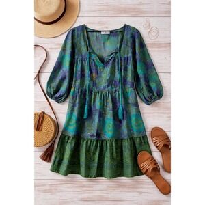 Natural Life Dress Medium Teal Boho Floral Cotton Mini Tassel Peasant M